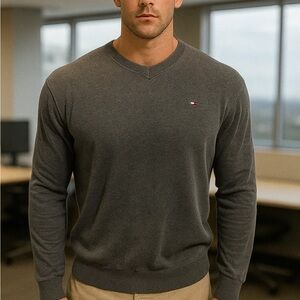 Tommy Hilfiger Men's V-Neck Sweater in Charcoal Gray XL Knitwear Warm Cotton